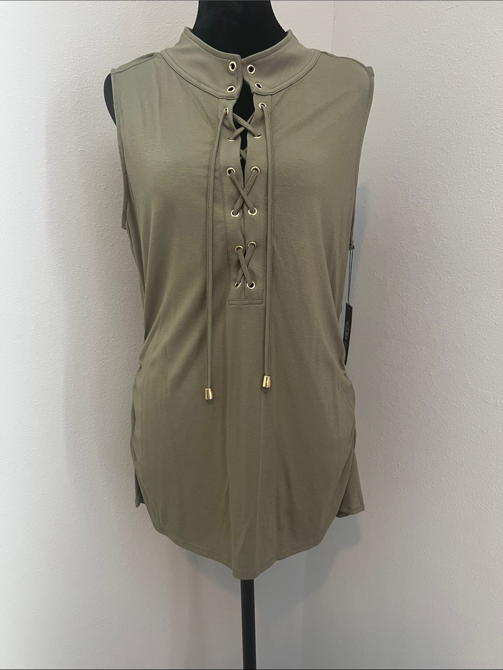 Vince Camuto Olive Lace-Up High Neck Tank